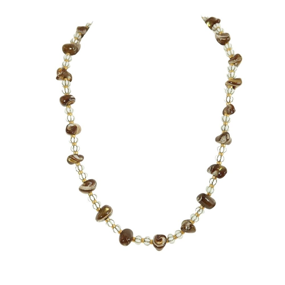 Vintage Enameled Mother of Pearl Milk Glass & Gold Tone 25" Necklace Unsigned